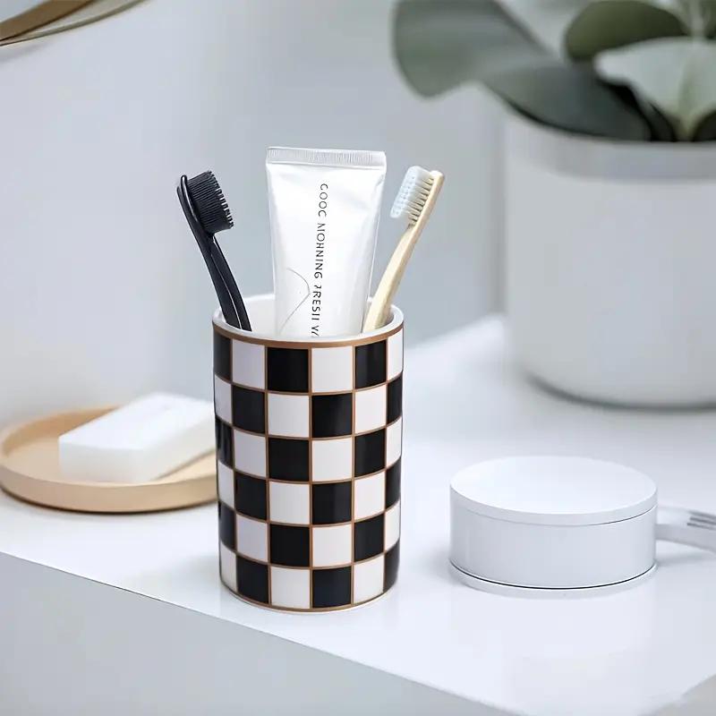 Modern Black White Ceramic Toothbrush Holder Grid Bathroom Vanity Organizer for Countertop Storage Decorative Shower Bathroom Essentials