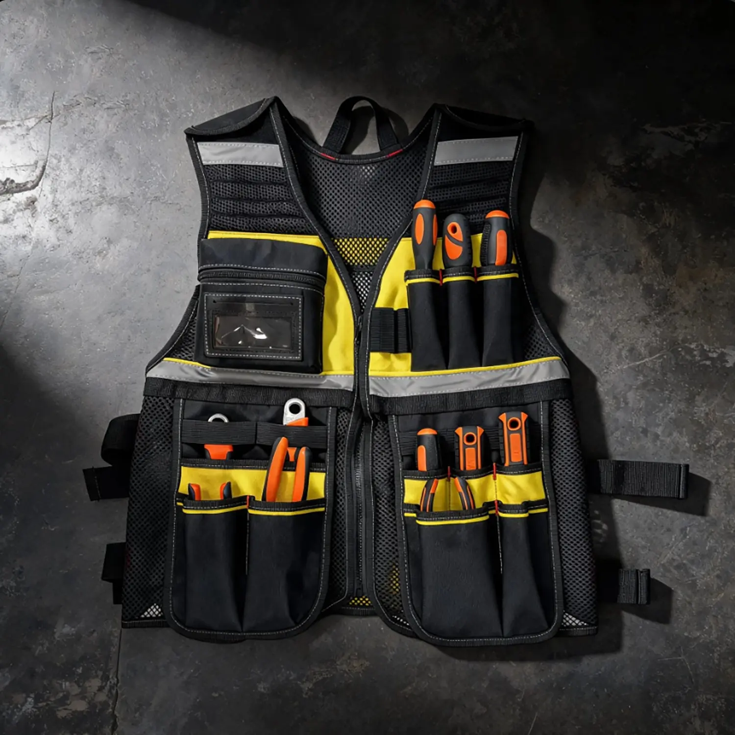 Factory Direct Sale Waterproof Thick Oxford Utility Tool Vest, multi-pocket portable hardware storage waistcoat with breathable hollow mesh. Flexible adjustable waist design, available in black-yellow/red/blue three tones, perfect for electric maintenance