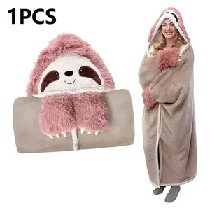 Cartoon Sloth Hooded Wearable Blanket, Thick Flannel Warm Lazy Funny Cape, Home Office Nap Wearable Scarf, Christmas Halloween Gift