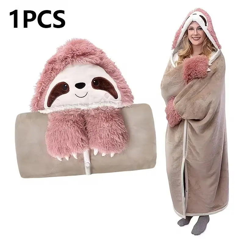 Cartoon Sloth Hooded Wearable Blanket, Thick Flannel Warm Soft Lazy Funny Cape, Home Office Nap Wearable Scarf, Christmas Halloween Gift, Easy to Wear