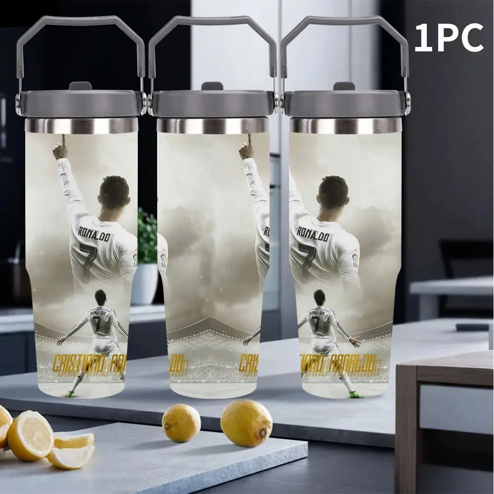 1pc Cr7 Real Madrid Back View Memorial 30oz Stainless Steel Insulated Cup, Large Capacity Straw Ice Cup, Vacuum Long-Lasting Cold Hot, Football Fan Travel Outdoor Collection Water Bottle, Portable Insulated Tumbler