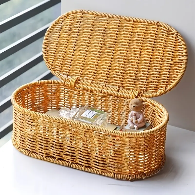 Wind Imitation Vine Weaving Storage Basket with Cover Dustproof Storage Box Desktop Miscellaneous Snacks Red Wine Toys Sorting Basket Home Multi functional Storage Artifact