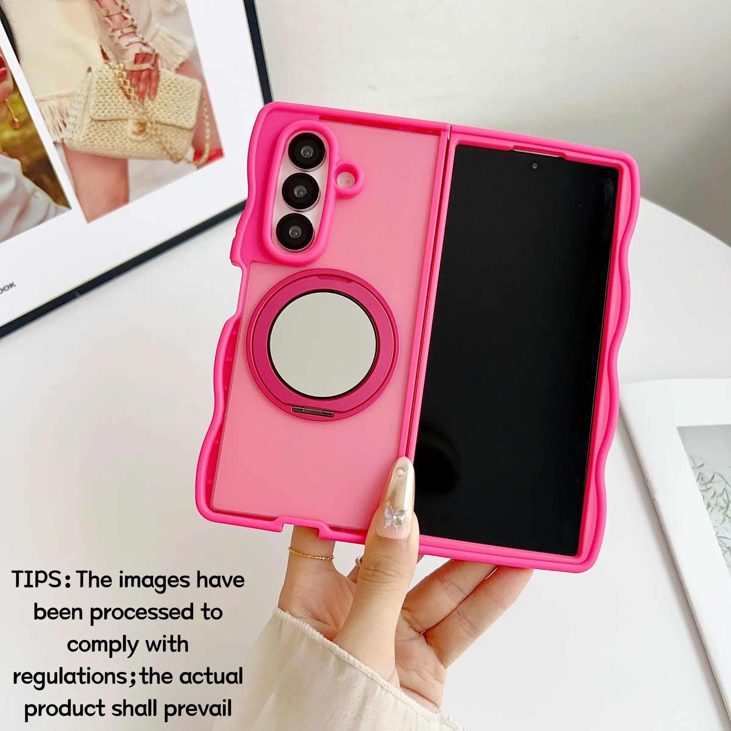 Large Wave & Mirror Rotating Magnetic Phone Case, Magnetic Wireless Charging Compatible, Designed for Samsung Galaxy Z Fold 4/5/6/7 Smartphone, Drop Protection for Daily Use, Shockproof Anti Drop, Stylish Protective Case, Aesthetic Protective Shell
