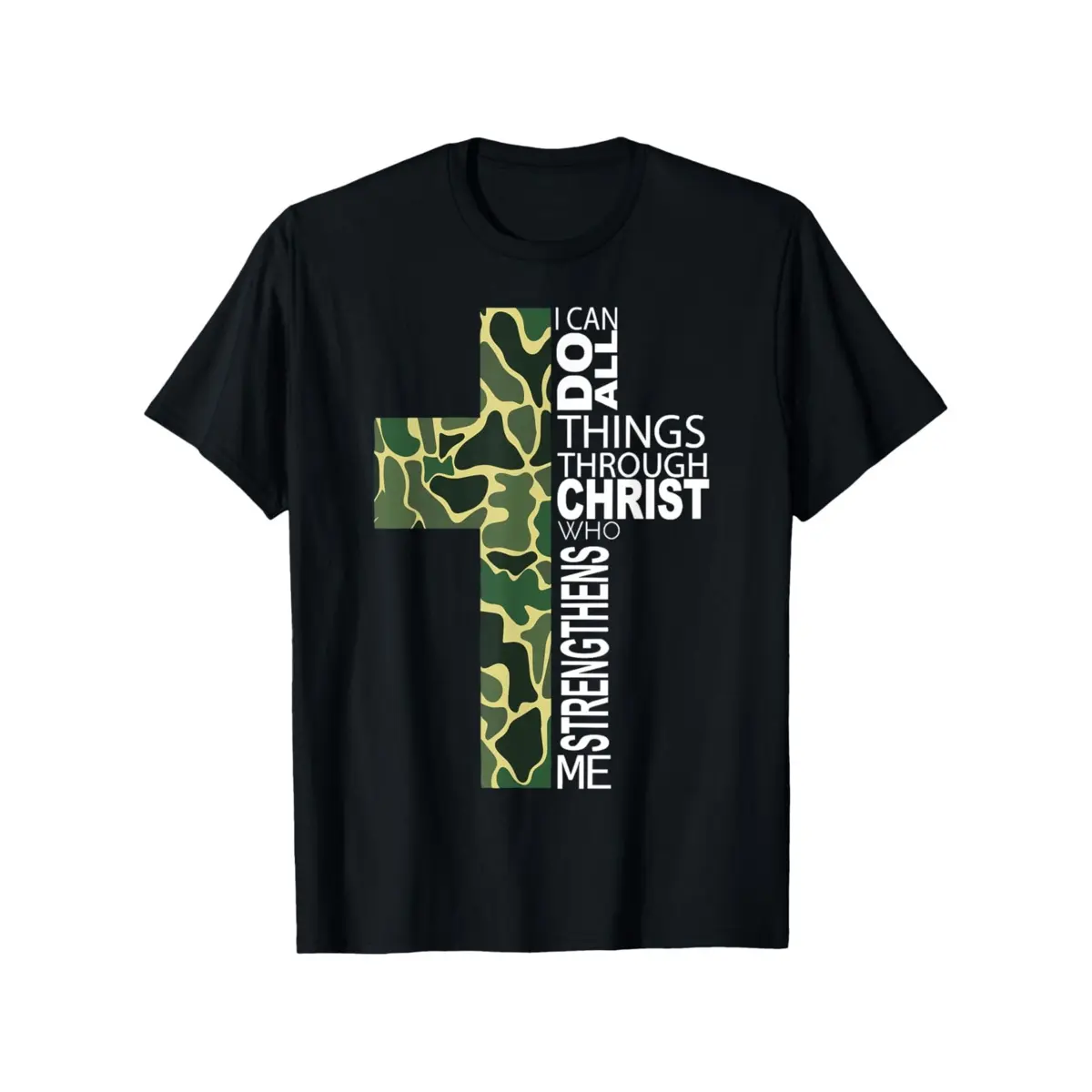 T-Shirt "I Can Do All Things Through Christ" Camo Verse - Philippians 4:13, Lightweight Washable Crew Neck Short Sleeve Suitable for All Seasons & Casual Wear, Religious Apparel Gift