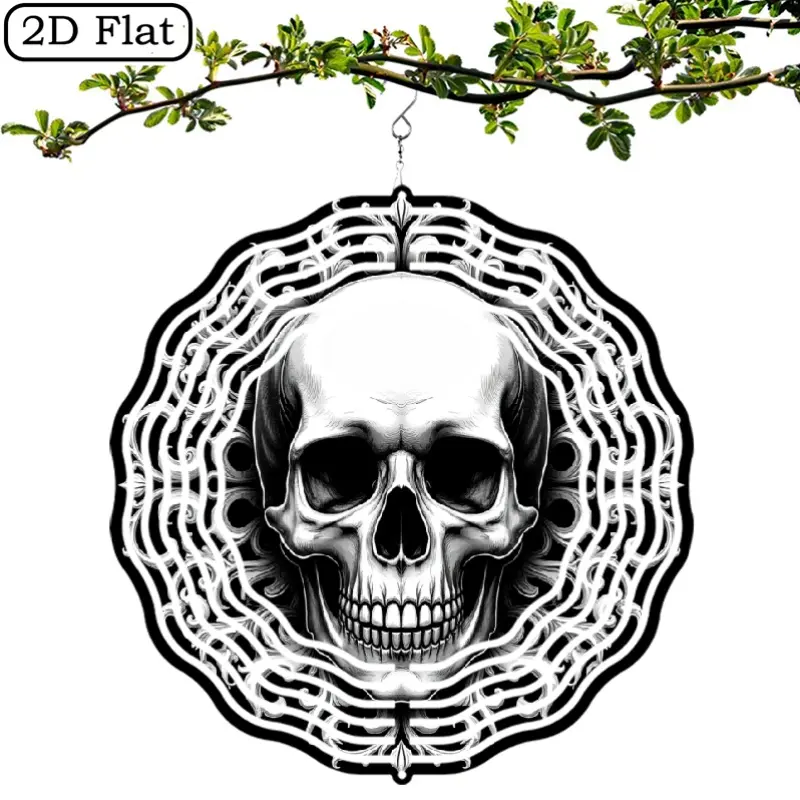 1 10inch laser-cut metal skull windmill, designed as a mysterious garden art piece. It features a 360-degree rotating hook, requires no electricity, and is an ideal choice for Halloween and Thanksgiving decorations