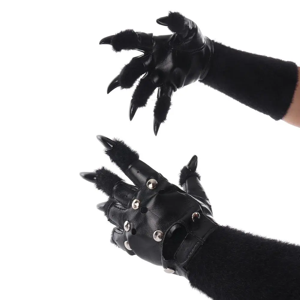 Original Plush Claw Gloves Furry Gloves Punk Leather Gloves Cosplay Handmade Accessories Props