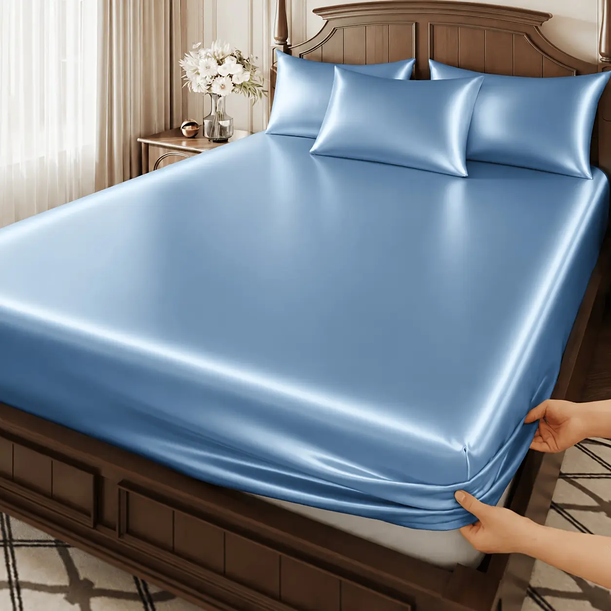 3pcs Satin Fitted Sheet Set, Deep Pocket Bottom Sheet with 2 Pillowcases, Luxury Ultra Soft Cooling Bedding, Wrinkle & Fade Resistant Smooth Mattress Cover Protector, Solid Color Bedroom Decor