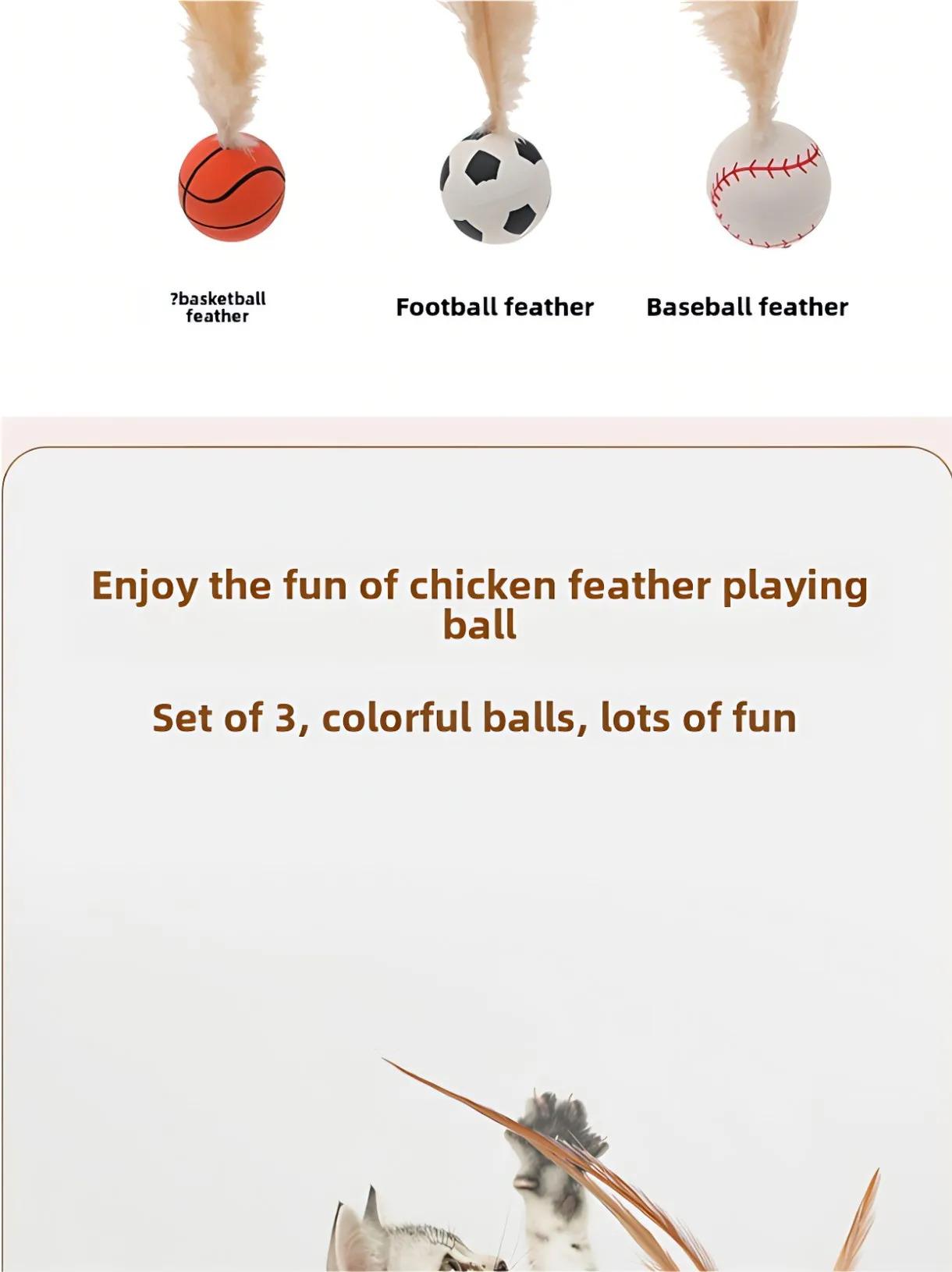 New Rubber Elastic Ball with Feathers Interactive Cat Toy for Chasing Biting Play Fun as Soccer Football Basketball Baseball Ball Pet Supplies