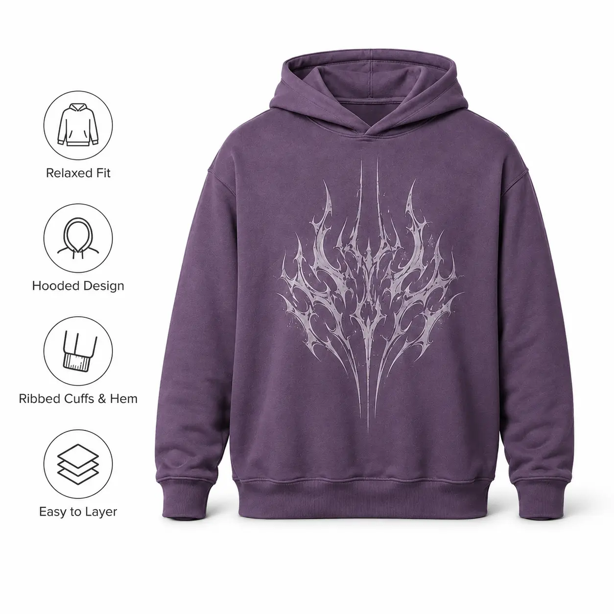 Purple Cyber Sigilism Graphic Pullover Hoodie, Y2K Gothic Streetwear Relaxed Fit Long Sleeve Front Back Print Sweatshirt, Alt Grunge Casual Top