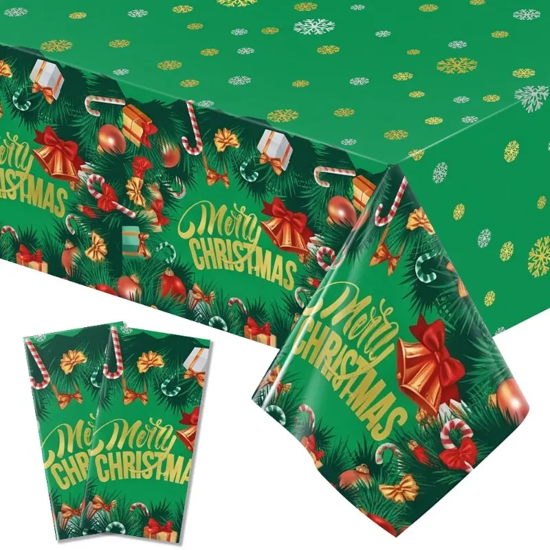 1/3 Pcs Disposable Waterproof Aluminum Foil Christmas Rectangle Tablecloth, 54×72/54×108 Inch Green Background Merry Christmas Bell Gift Print Decorative Table Cover for Holiday Dinner, Family Gathering and Christmas Party Decorations