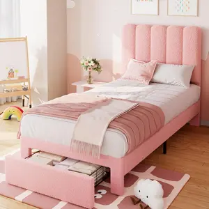 Garvee Twin Bed Frame with Storage Drawer and Headboard, Boucle Upholstered Platform Bed in Pink, Strong Wooden Slats Support, Noise-Free, Easy Assembly, Stylish and Functional Twin Size Bed