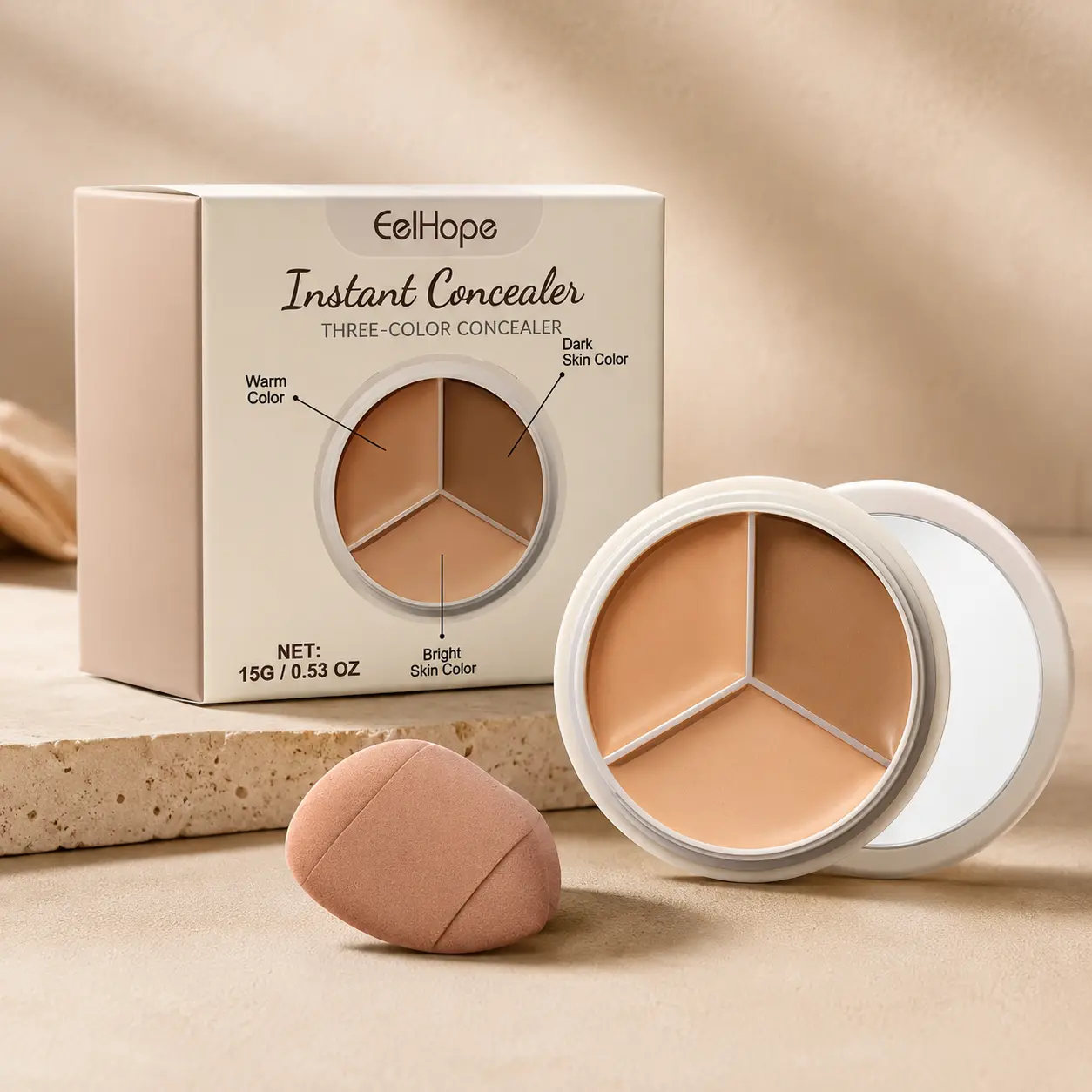 3-Color Concealer Palette Cosmetic, Full Coverage Hyaluronic Acid Color Correcting Cream - Blendable, Moisturizing, Hydrating for Dark Circles, Blemishes, Acne Marks, Brightening Face Makeup