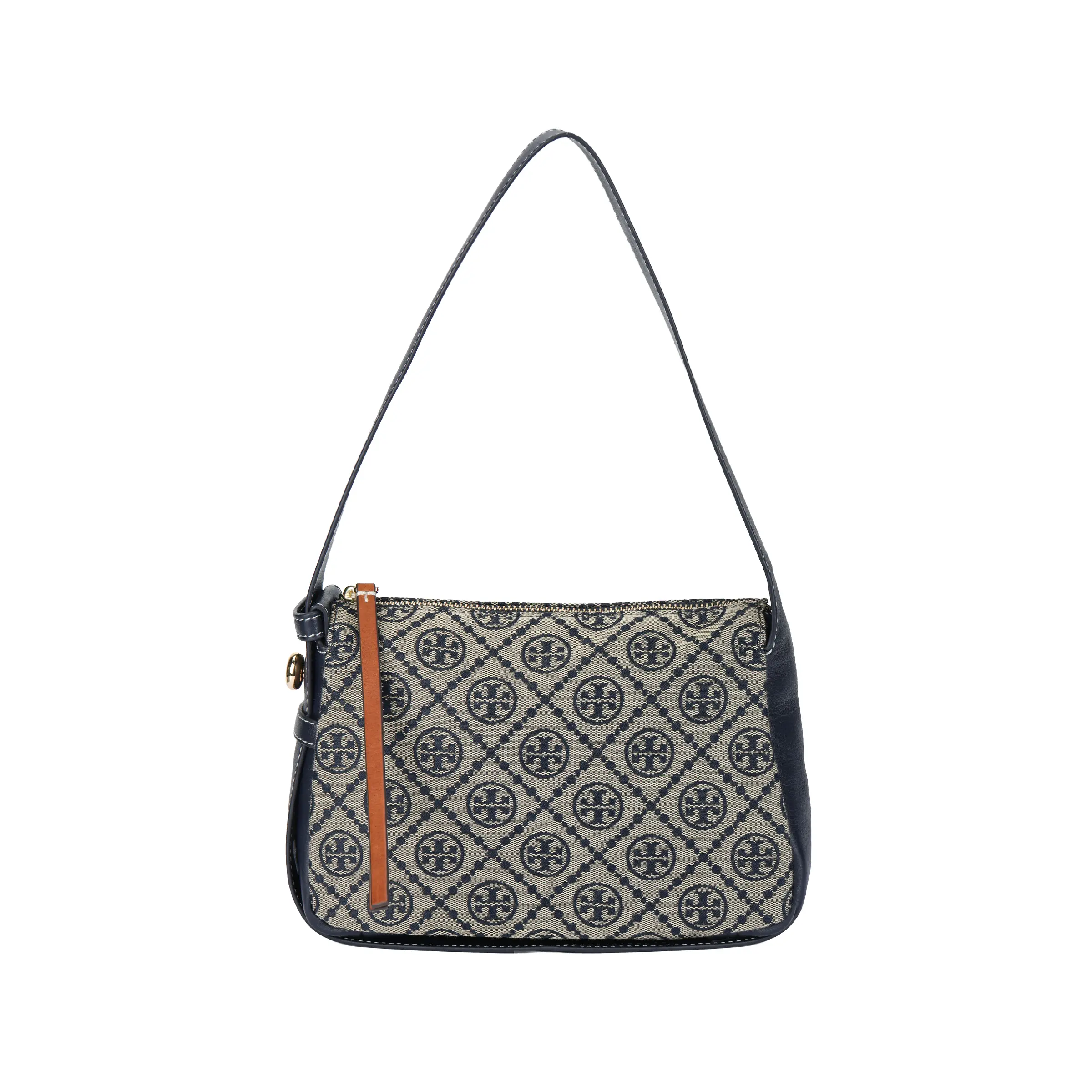 Tory Burch RomyT Monogram Crossbody Bag for Women – Wide-Strap, Button-Adjustable Logo, Fabric-and-Leather Blend, Navy