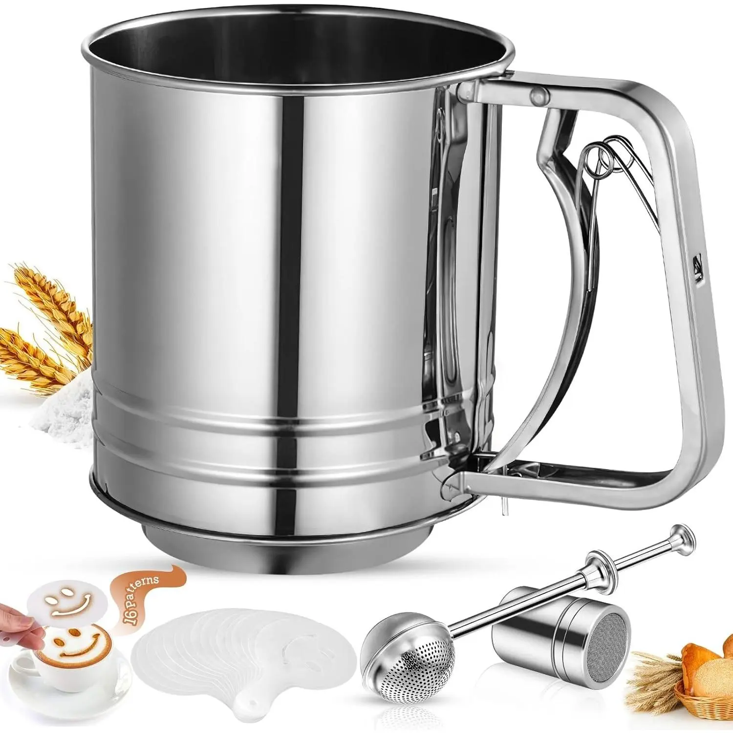 5-Cup Sturdy Smooth Stainless Steel 4-in-1 Fine Mesh Flour Sifter & Powdered Sugar Duster, Functional Bakeware for Baked Cakes, Desserts, Multi-Use Kitchen Utensils