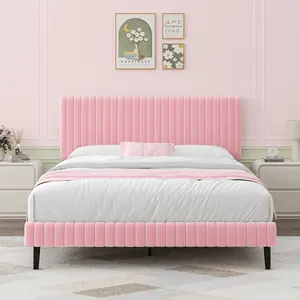 Velvet Upholstered Bed Frame With Headboard & Footboard Vertical Channel Tufted Design Twin/Full/Queen/King Multiple Colors White/Black/Pink/Green/Blue
