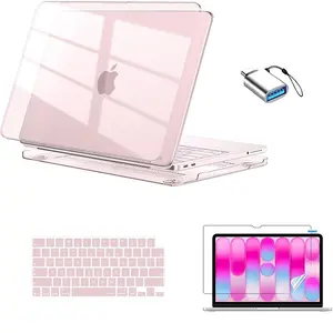 Pink Clear MacBook NEO  Hard Shell Case 4 in 1 Set, Laptop Protective Cover with Keyboard Cover Screen Protector USB C Adapter, Cute Gift for Women Birthday Christmas