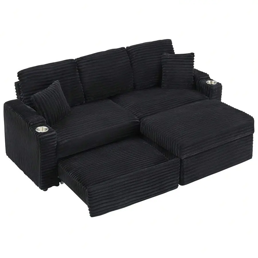 80" Corduroy Multi-Function Sofa With Hidden Reclining, Space Saving Design, Armrests, Cup Holders And Removable Footstool