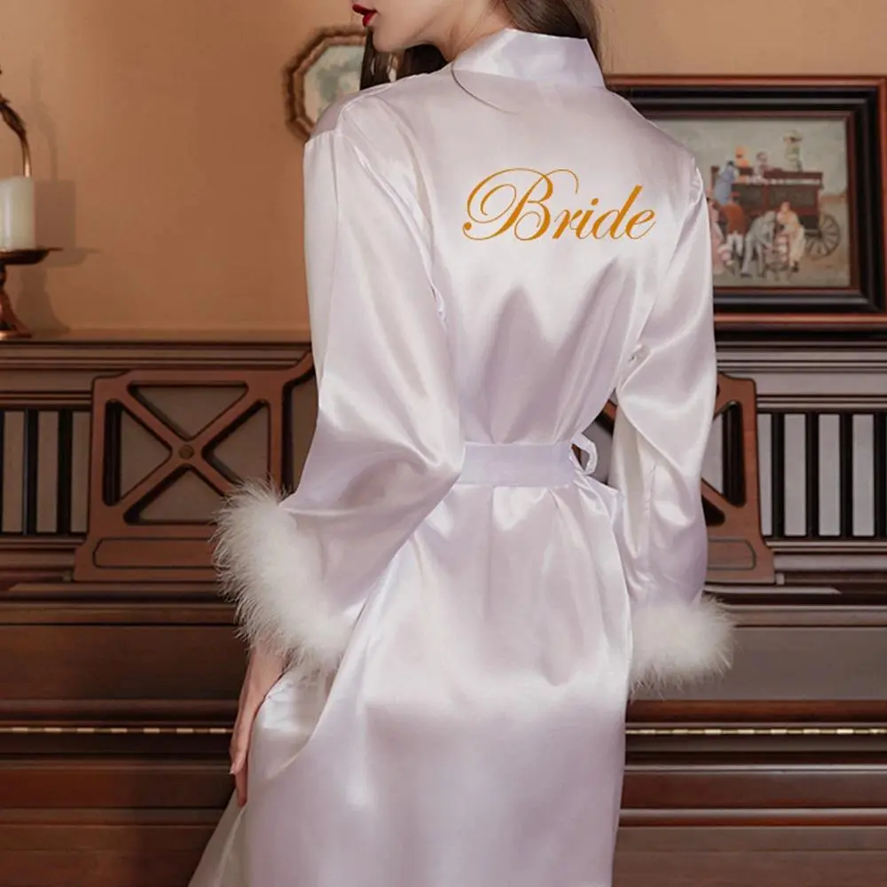Kimono Bride Bridesmaid Robe Wedding  Gown Feather Loungewear Women's Embroidery Letter Sleepwear Short Satin Nightgown