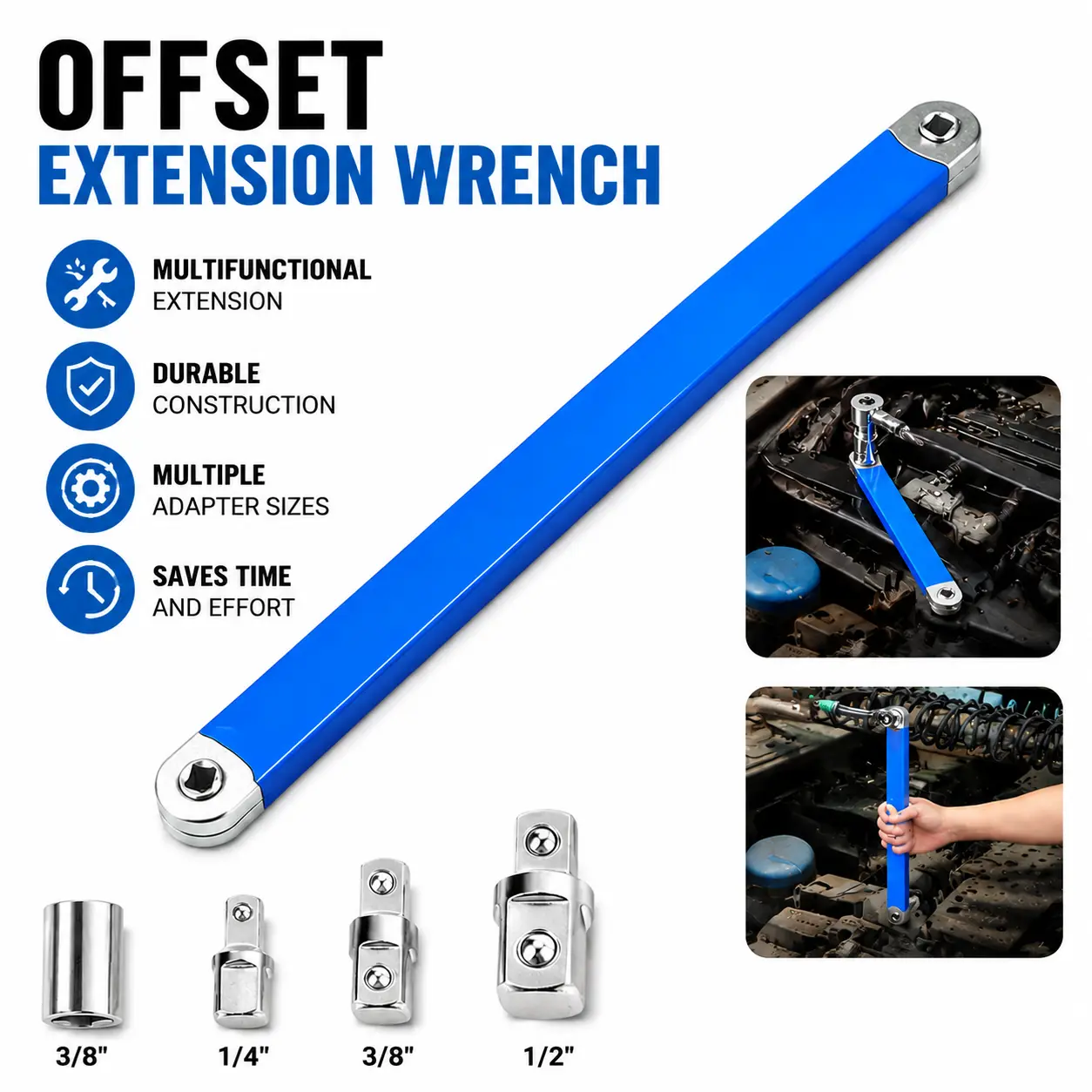 Offset Extension Wrench, Upgraded Impact Ready Extension Wrench Set, with 4pcs 1/2", 1/4" and 3/8"Square Drive Adapters, 15" Socket Wrench Tool, Universal Extensions Wrench for Hard-to-reach Place-YY1
