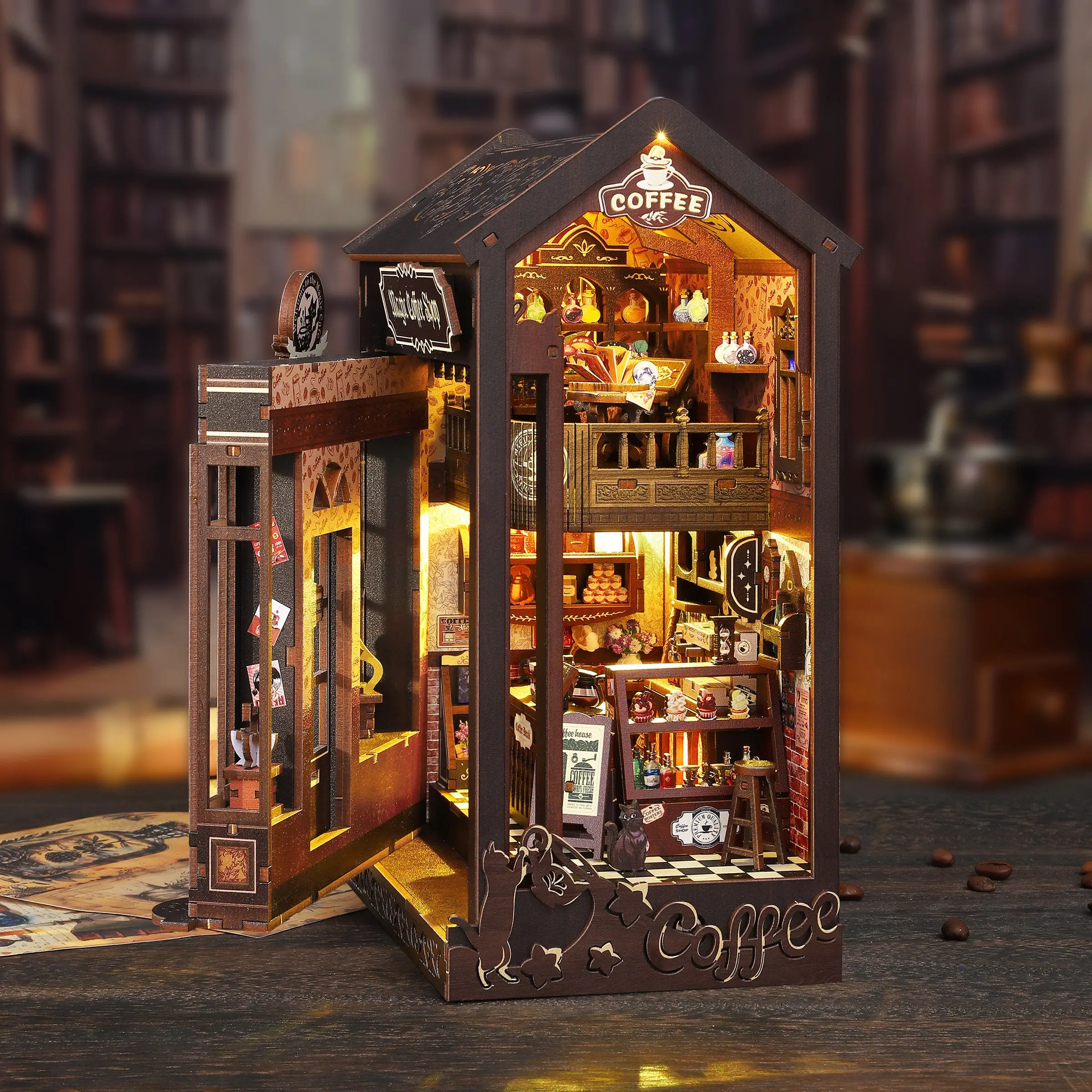 Magic Coffee DIY Book Stand Model Kit,Book Nook Kit, 3D Puzzle Miniature Bookshelf, Ages 14+,  Handmade Home Decor, Unique Desktop Ornament - Ideal for Christmas, Thanksgiving, and Birthday Gifts (Batteries and Tool Glue Not Included)