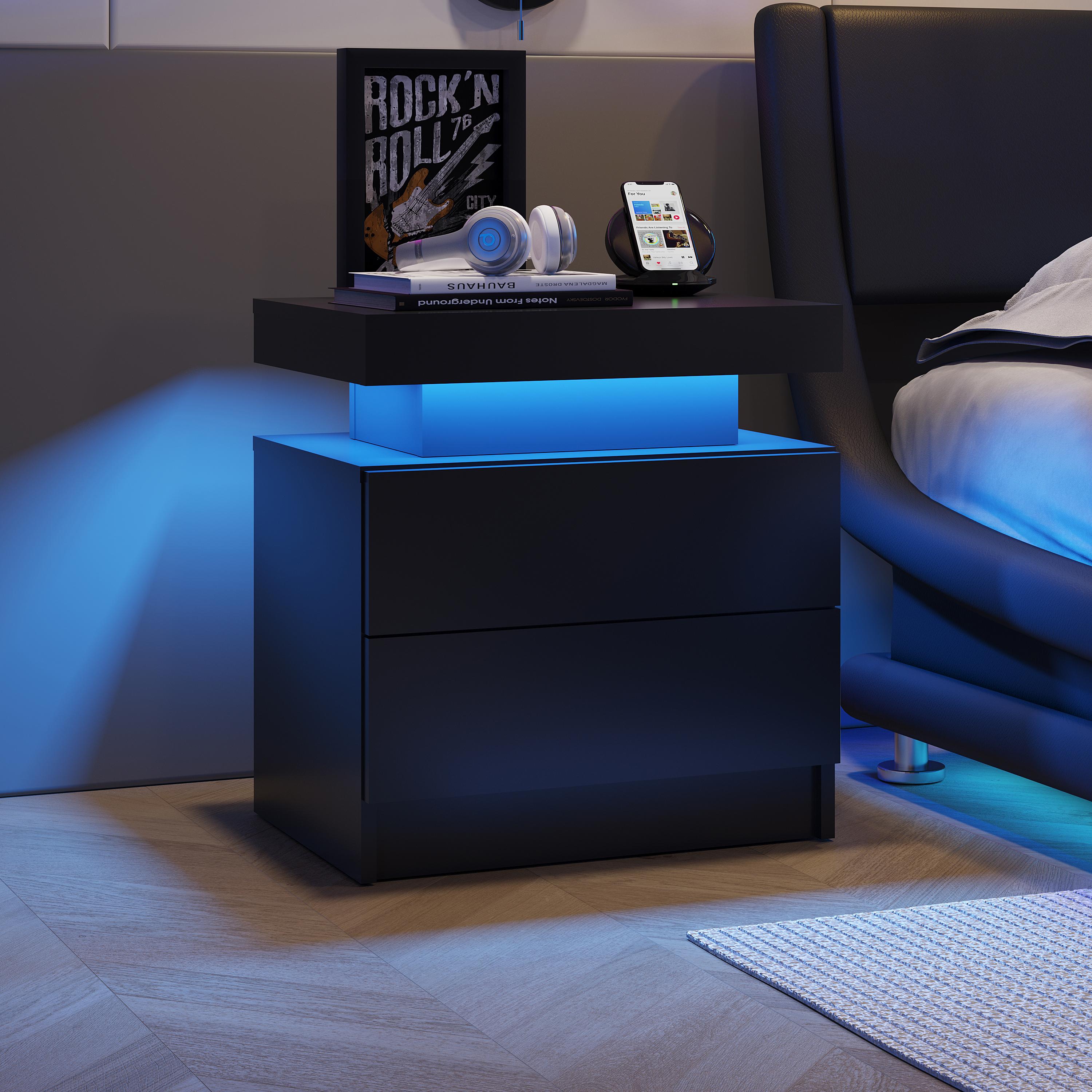 Bedroom Nightstand with 2 Drawers and 16-Color Adjustable RGB LED Lights, Modern Bedside Table Storage
