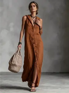 A ladies' elegant style hooded sleeveless long dress with a full open front and single row decorative buckle hanging loose, suitable for summer, beach camping, shopping, afternoon tea dates, urban daily commuting