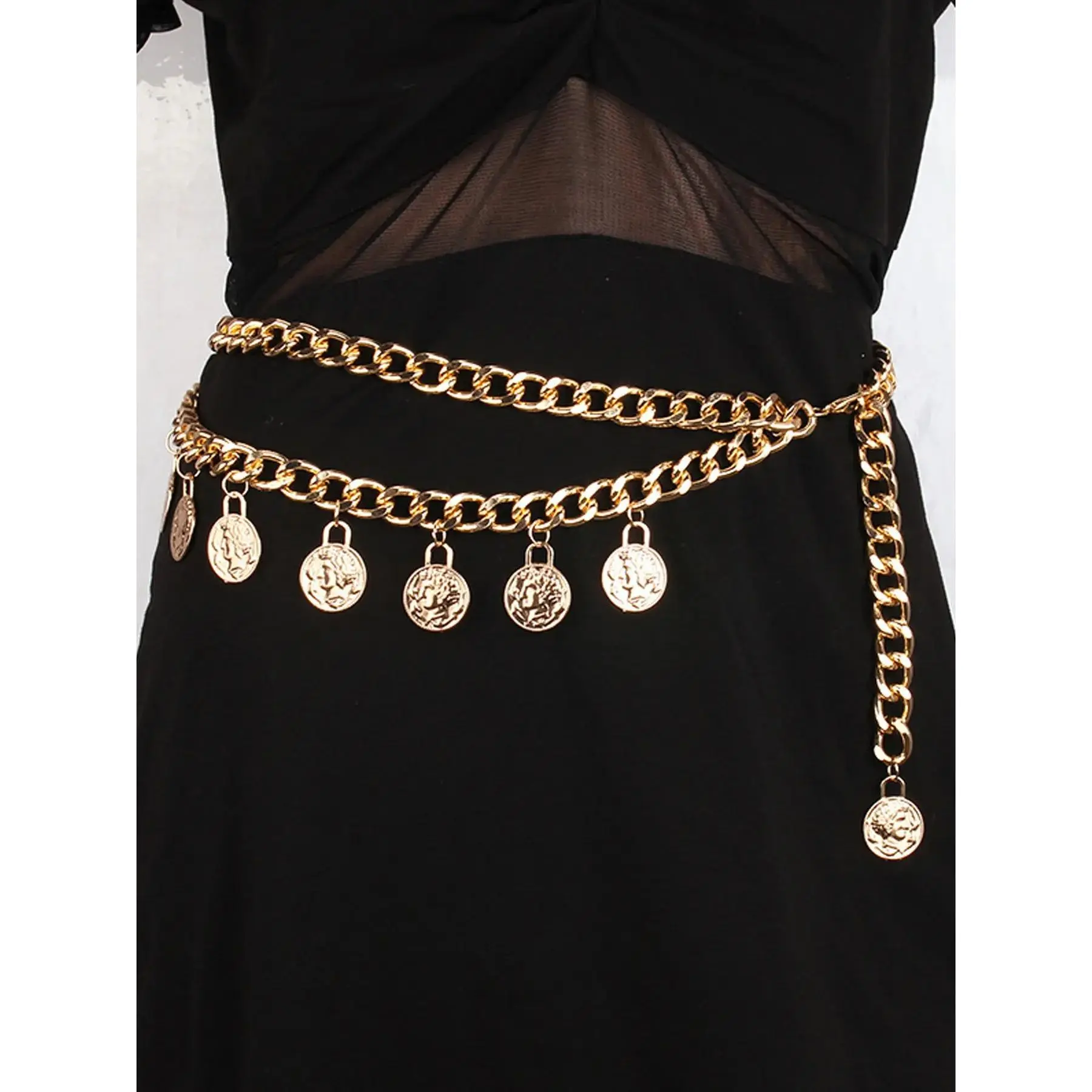 Gold Coin Belt Pirate Coin Metal Belt Chain Waist Chain for Women Fashion Plus Size Gold Waist Chains Waist Belts Layered Body Chain Pirate Waist Chain Jewelry for Women Chunky Trendy Belly Belts for Women  Dress Pirate Costume Women Accessories