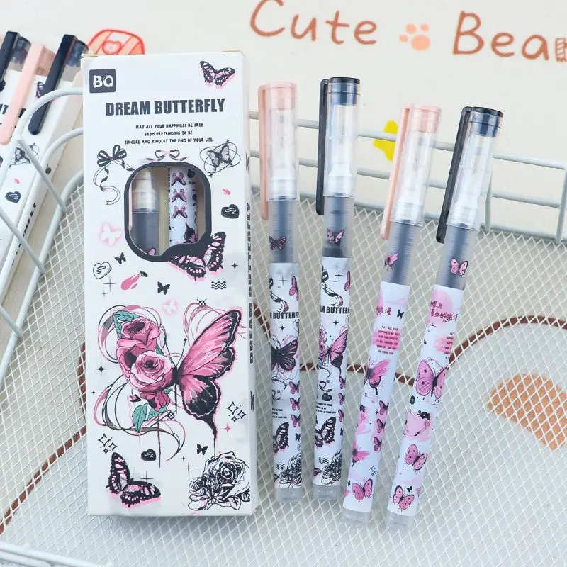 4pcs Dreamy Butterfly Rollerball Pens, Quick-Dry Neutral Ink, Smooth Writing, Student Exam Notes, Office Document Annotation, School Supplies Set