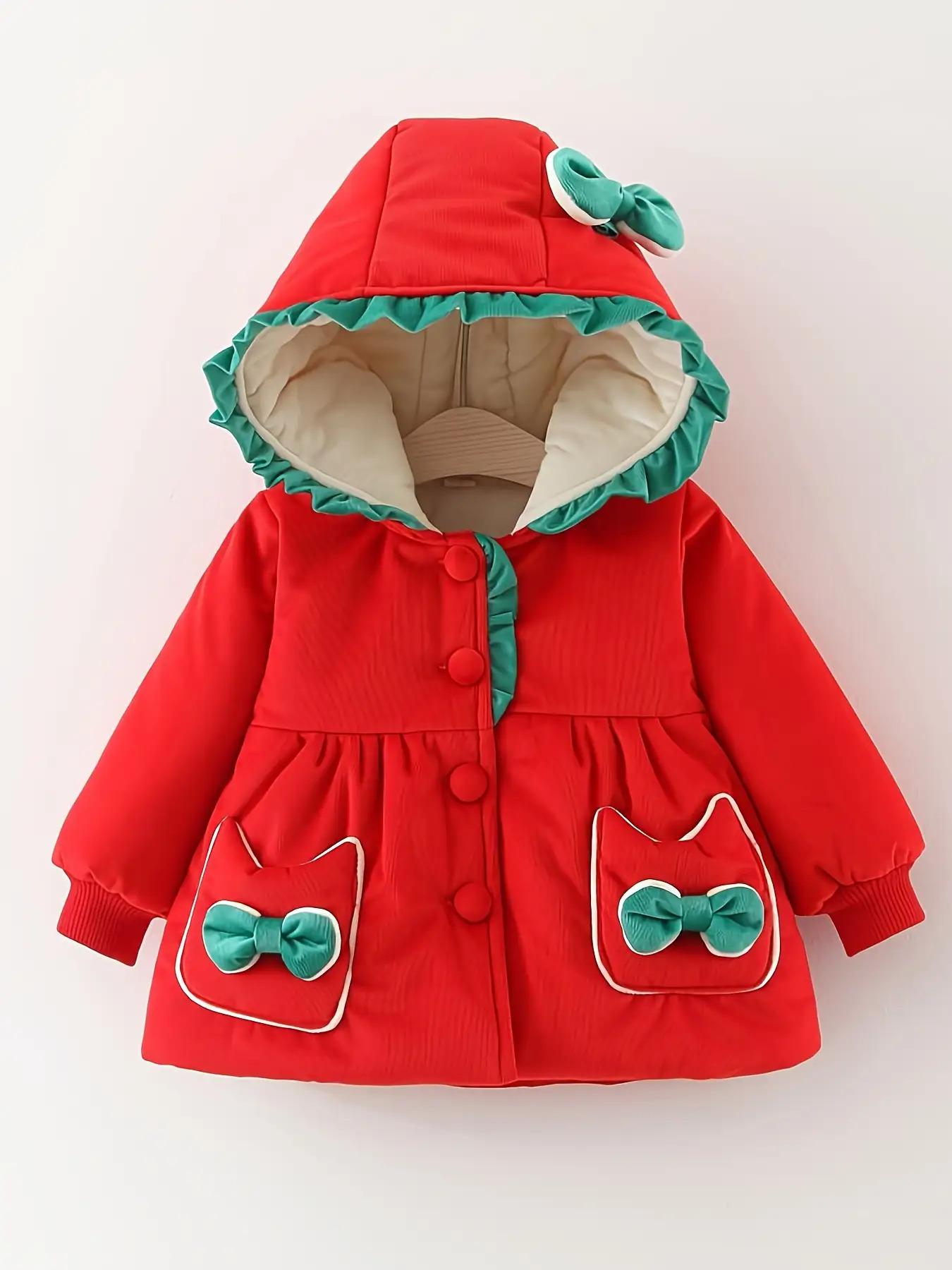 ' Winter Hooded Jacket - Long Sleeve Non-Stretch Coat with Front Bow Accent, Easy Button Closure, Hand Washable Outerwear, (Red/other Solid Color Available) - Perfect Christmas Outfit