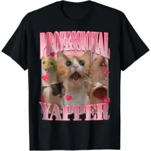 Vintage Washed Professional Yapper Cat Dank Meme Graphic T-Shirt, Funny Oddly Specific Humor Unisex Oversized Soft Cotton Crewneck Tee, Casual Loose Streetwear Top, Novelty Meme Apparel for Daily Hangouts, Hilarious Gift for Meme Lovers Men Women