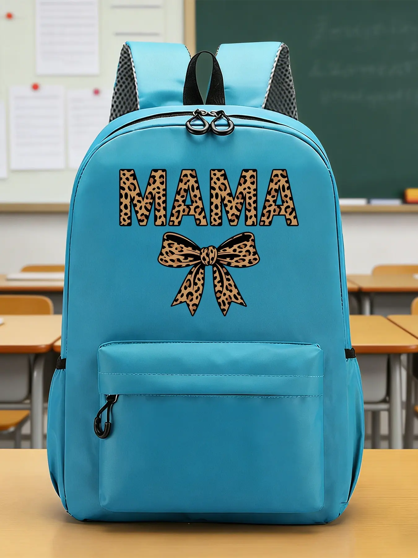 Leopard Print Bow MAMA Pattern Fashion Backpacks, Casual Backpacks, Travel Backpacks, Adjustable Shoulder Straps, Zipper Closure, Separate Small Compartments, Side Pockets, Suitable for Study or Daily Commuting, An Ideal Gift.