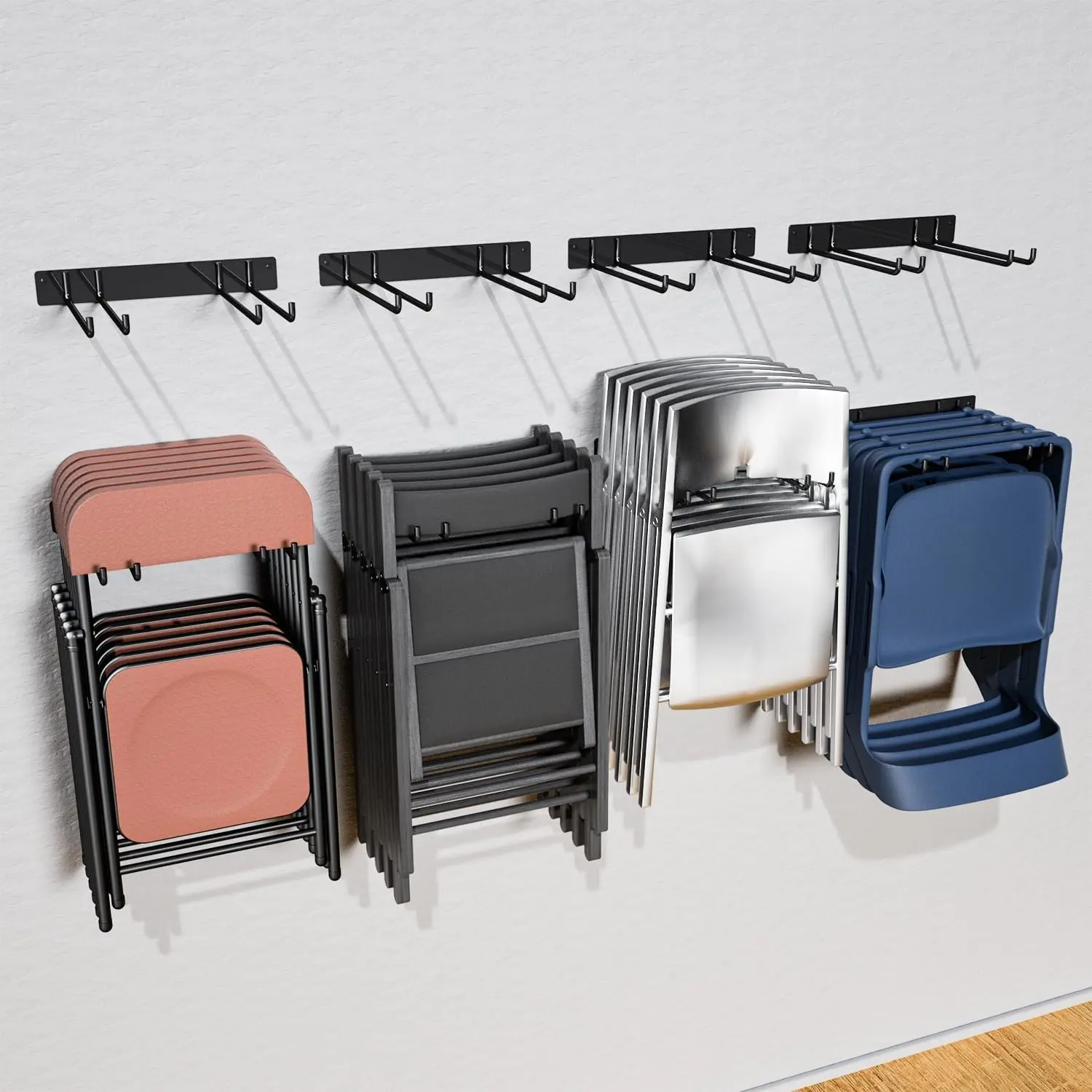 Folding Chair Storage Rack, Garden Tool & Foldable Chairs Organizer Hangers for Garage Organization, Lawn, Beach, Camping, Yard Chairs Hooks Wall Mount, Soild Metal Max Load 480 LBS - 4 Pack