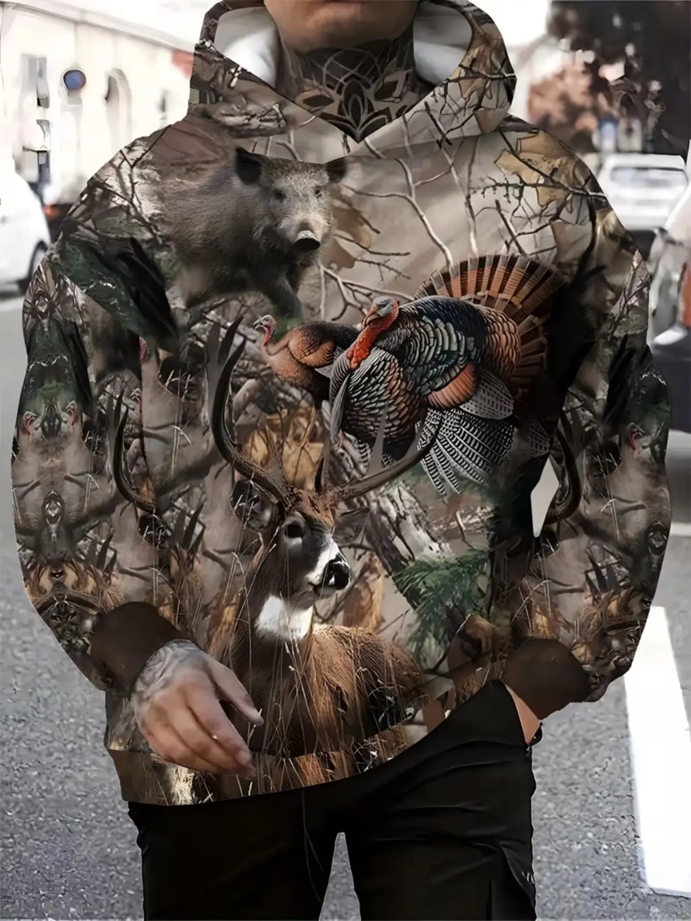 Men's Outdoor Camouflage Streetwear Deer Wild Boar Turkey Animal 3D Print Hoodie, Trendy Hoodie Sweatshirt, Casual Long Sleeve Pullover, Fitted, All Seasons
