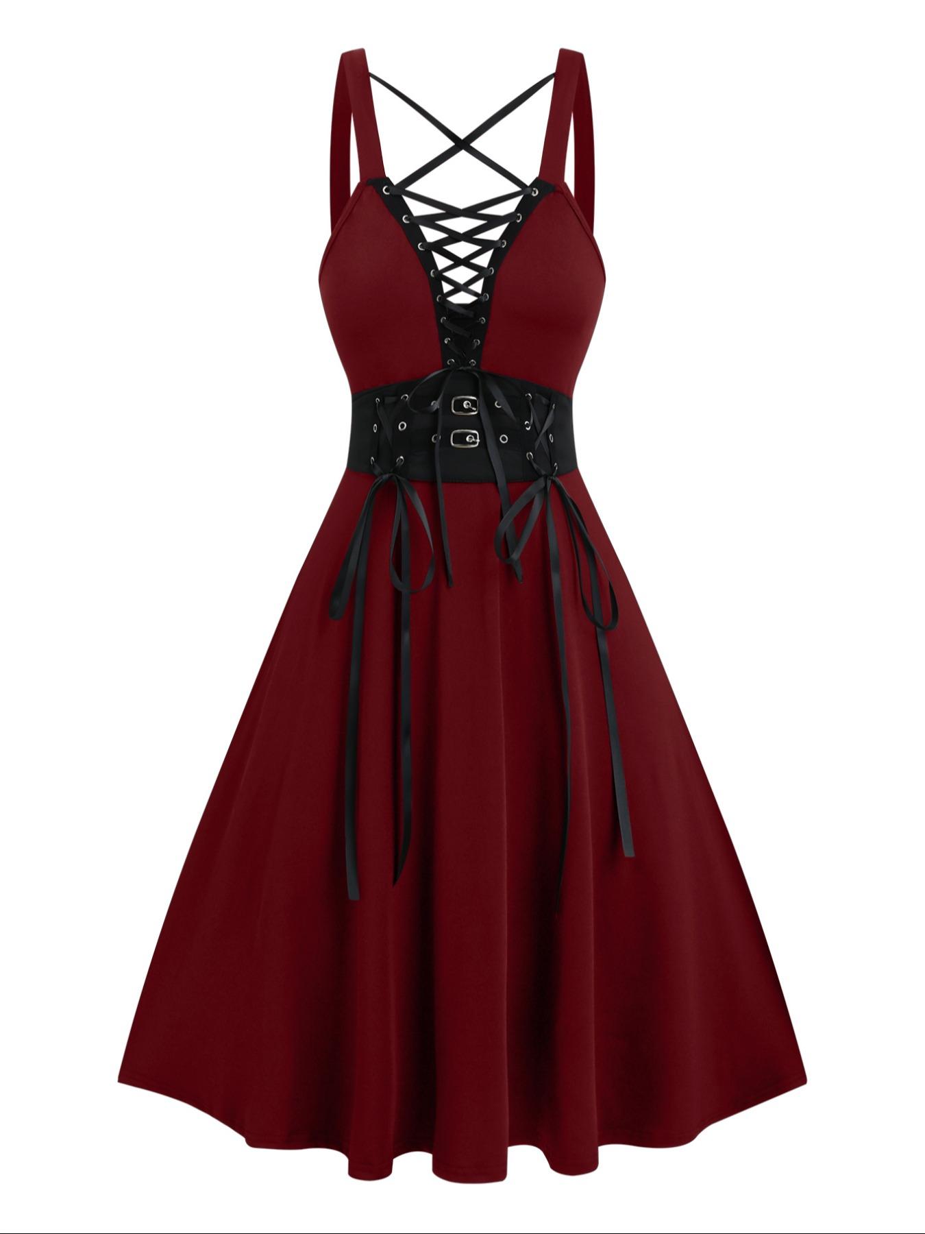 [Plus Size, Stretchable] Gothic Lace Up Grommet Eyelet Tie Front A Line Dress, Soft Jersey High Waist Buckle Belted Sleeveless Short Dress for Party Club Dating Wear, Women's Plus Clothing for Summer, Dresses for Women, Plus Size Formal Dress
