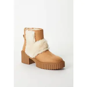 JUST FAB Women's Chestnut Suede Slip-On Winter Ankle Boots Fluffy Fur Wrap Trim 1.25" Platform Block Heel Cold Weather Boots