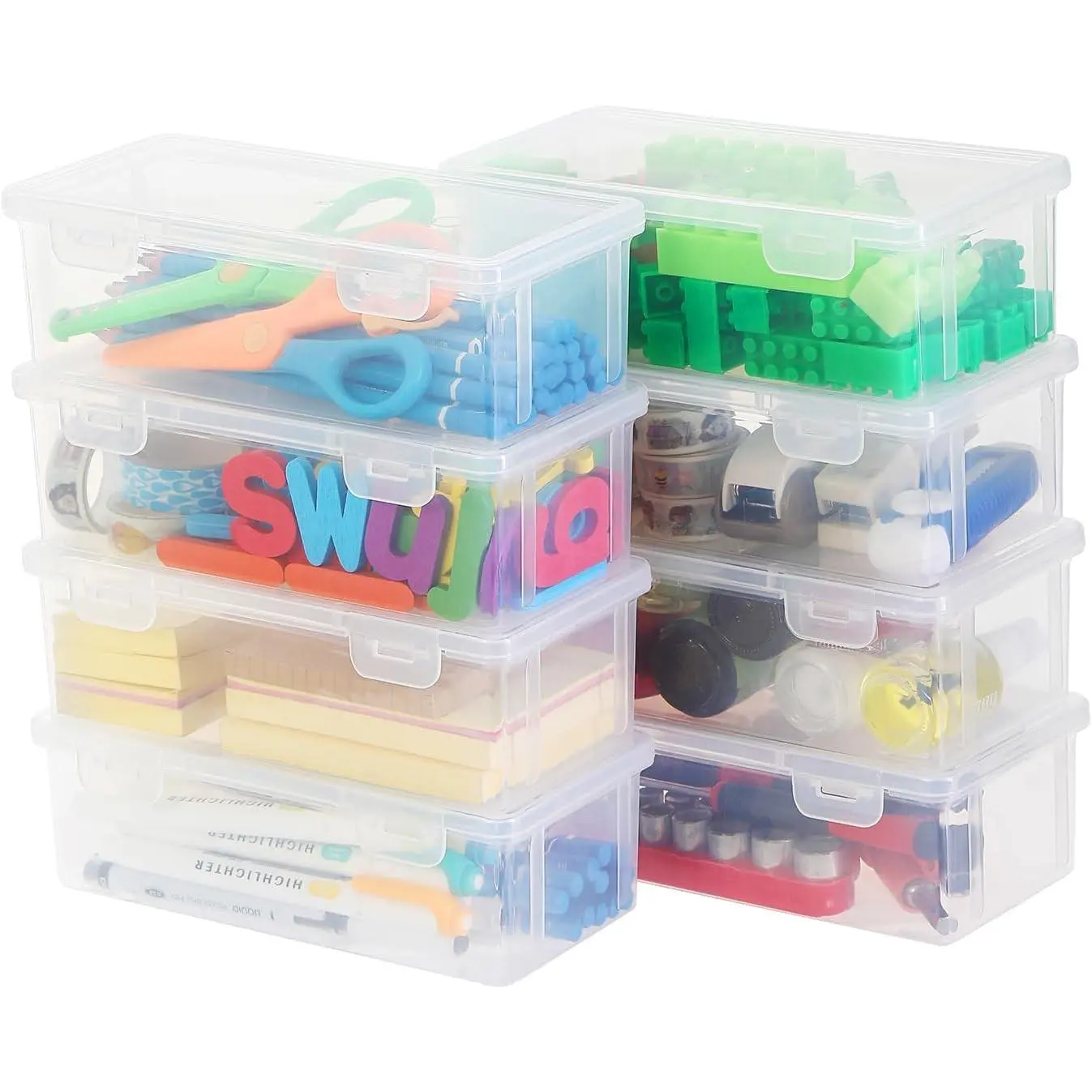 8 Pack Large Clear Pencil Box, Stackable Snap-Lid Plastic Pencil Case | For kids, school & classroom: crayon box, marker & art supply organizer