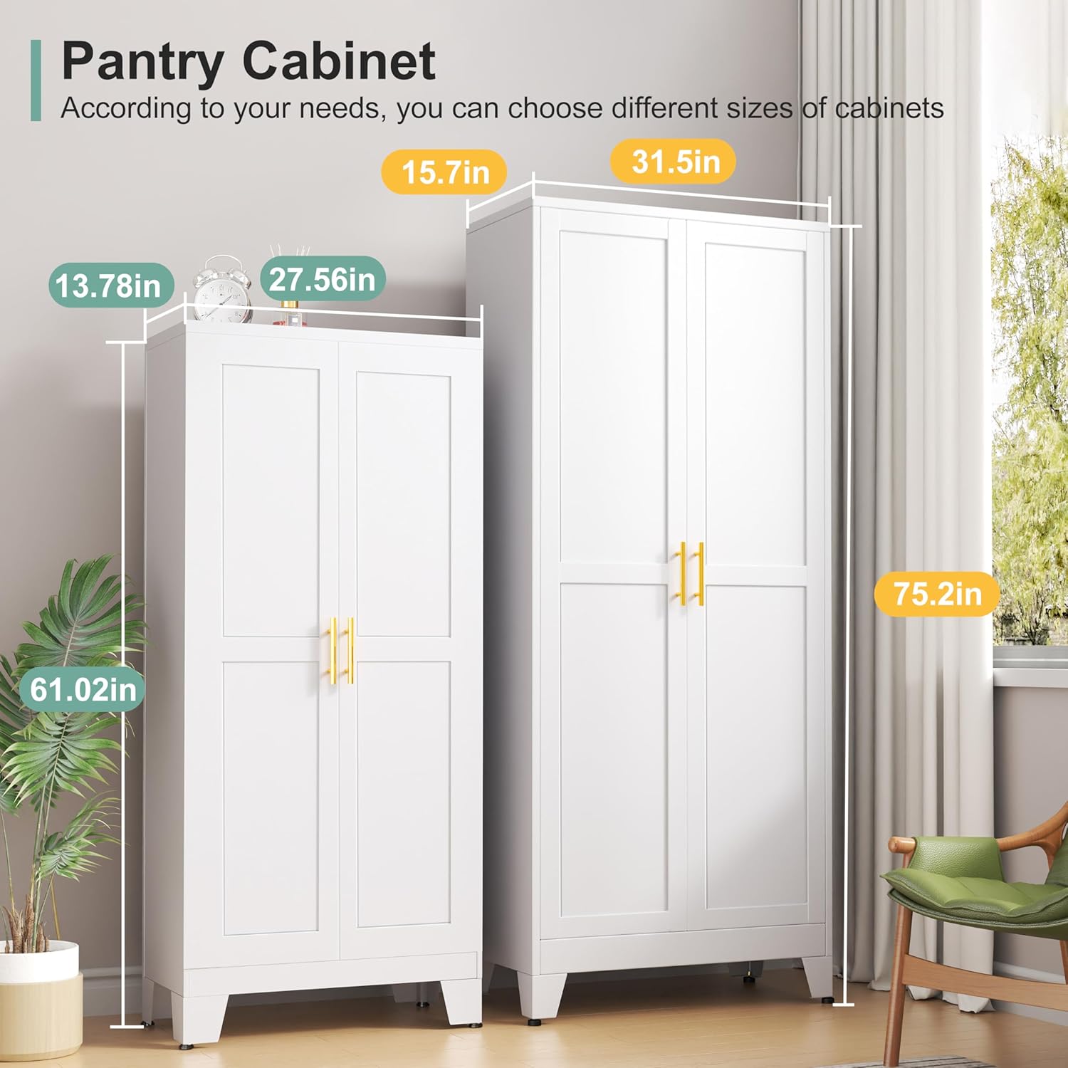 75.2" Tall Pantry Cabinet, Kitchen Pantry Storage Cabinets with 2 Door and 5 Adjustable Shelves, White Metal Pantry Storage Cabinet, Cupboard for Kitchen, Dining Room, Living Room and Bathroom Organizer