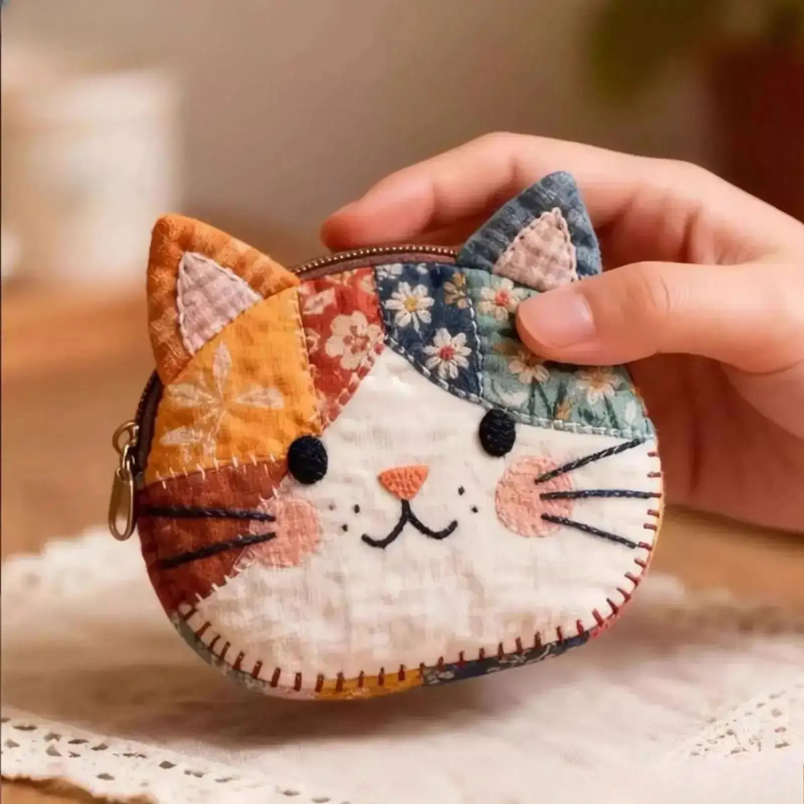 Coin Purse, Viral Japanese Patchwork Color Block Cat Pouch, Cute Cartoon Mini Makeup Bag, Aesthetic Portable Stationery Organizer, Soft Small Storage Wallet for Teen Girls Daily Carry