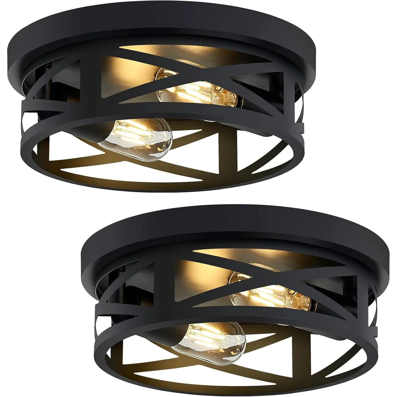 2-Pack Industrial Black Farmhouse Metal Cage Flush Mount Ceiling Lights - E26 Base, 10.63in, Dimmable, Max 60W, No Assembly Required, Compatible with Standard Bulbs for Kitchen, Bedroom, Attic