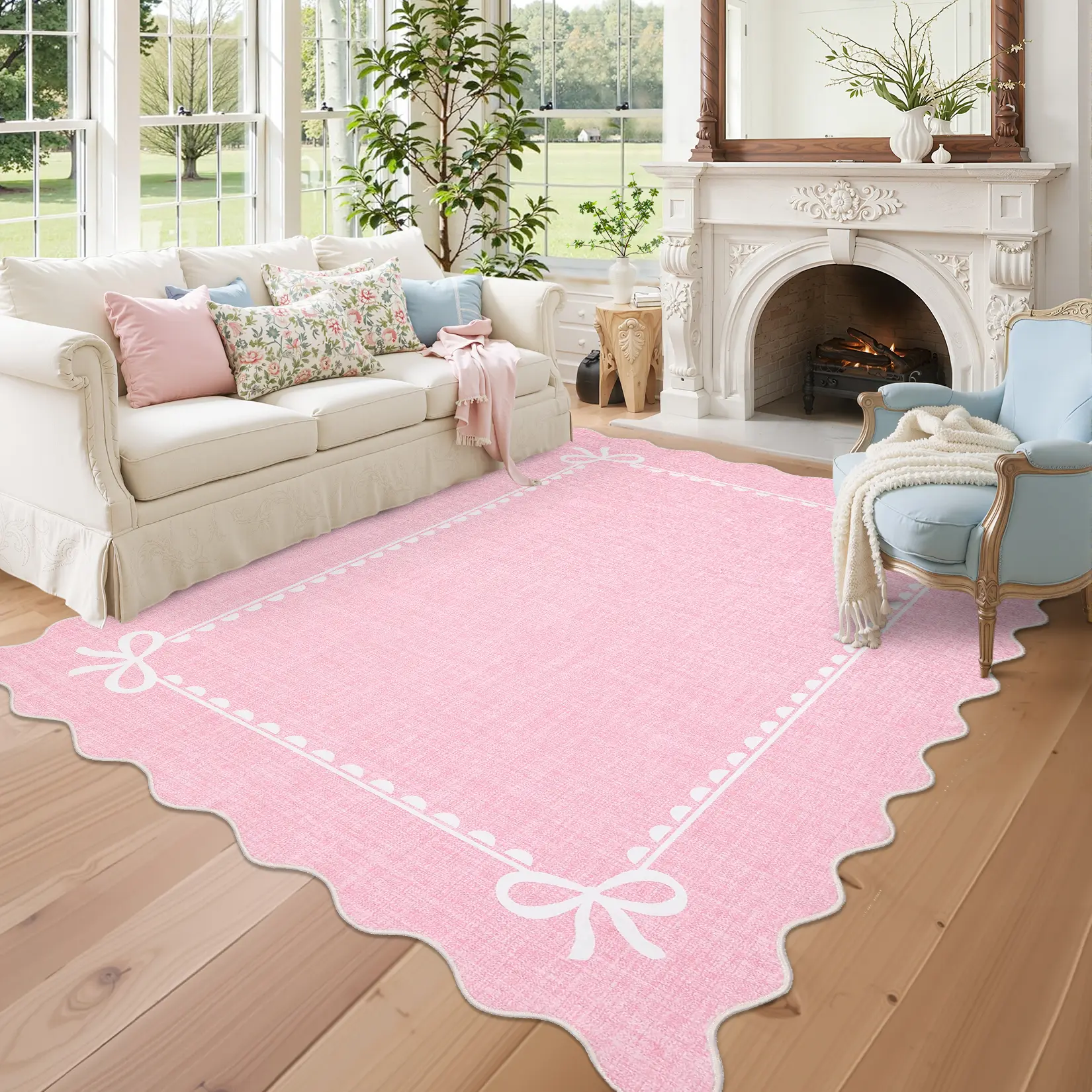 Washable Soft Non Slip Area Rugs for Living Room, Scalloped Bow Print Girls Bedroom Rug, Indoor Modern Ultra Thin Large Under Table Carpet for Farmhouse Dining Room Home Decor Area Rug