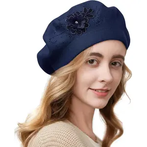 Flower Embroidery Beret Hat for Women, French Style Knitted Beret Hats, Stylish Solid Color Beret Cap for Women Girls Lady