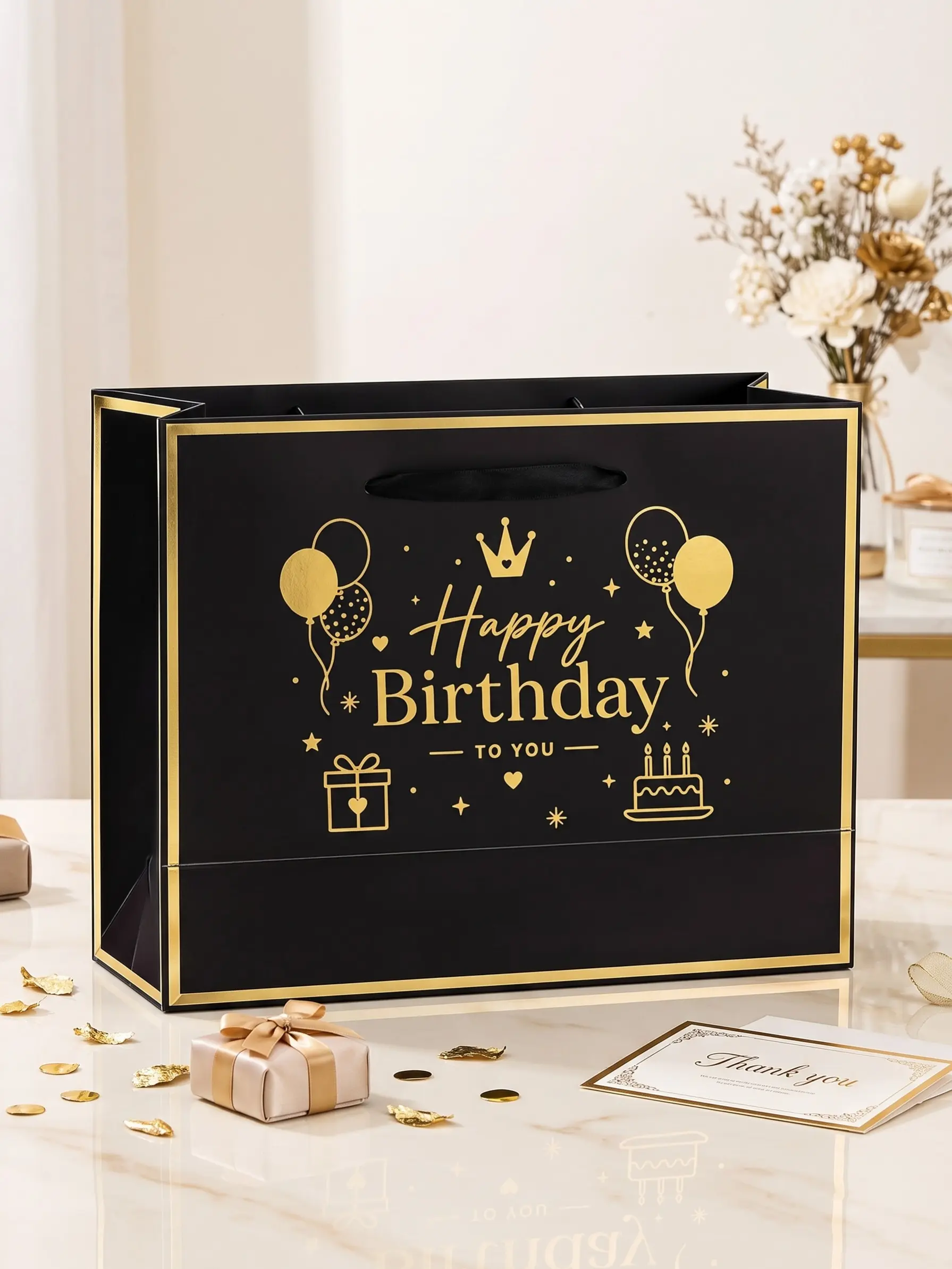 Gold Birthday Gift Bag, Foldable Paper Gift Decorative Bag, Reusable Shopping Bag with Handle, Perfect for Birthday Parties and Thanksgiving Gifts