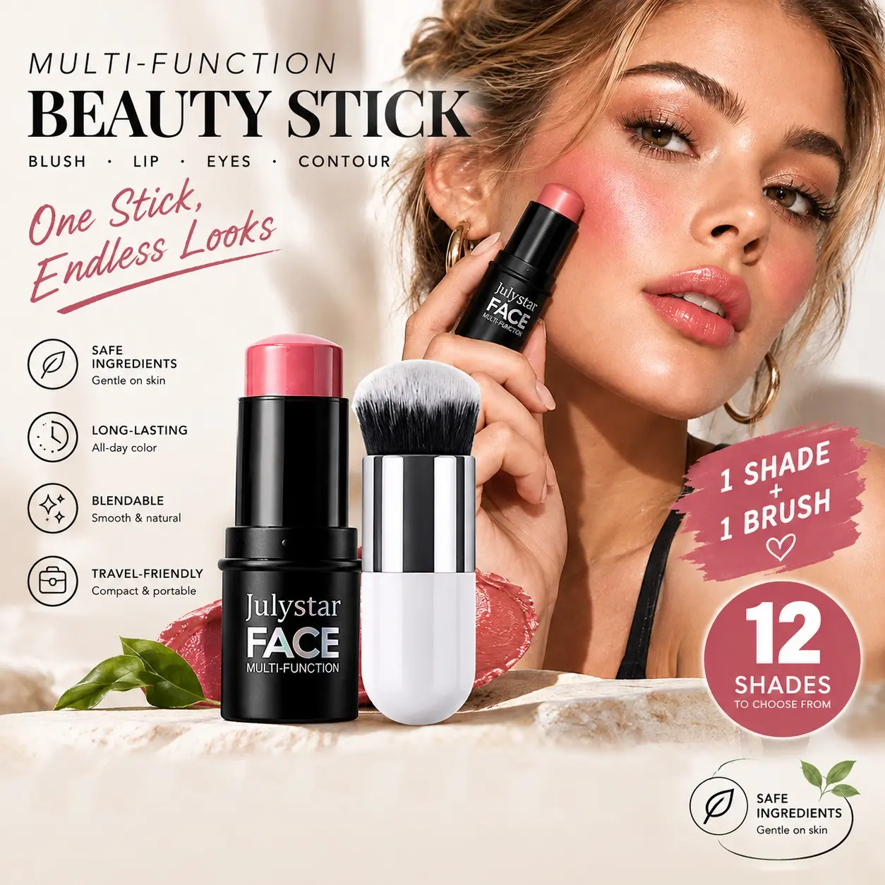 Julystar Multifunctional Facial Makeup Stick, Blush Highlighter Contour, 12 Colors, Smooth Texture, Silky, Portable, Perfect for Daily & Party Makeup