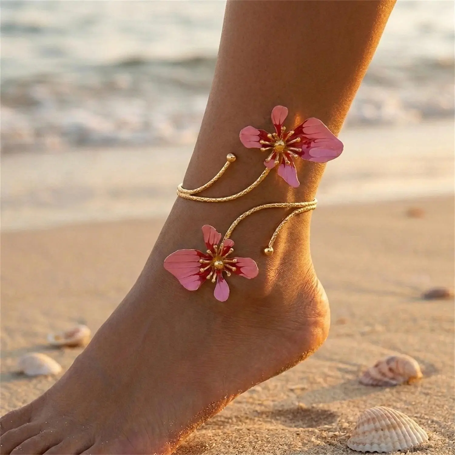 Elegant Enamel Flower Butterfly Anklet For Women Gold Plated Pink White Floral Bracelet On Leg Beach Barefoot Sandal Leg Jewelry