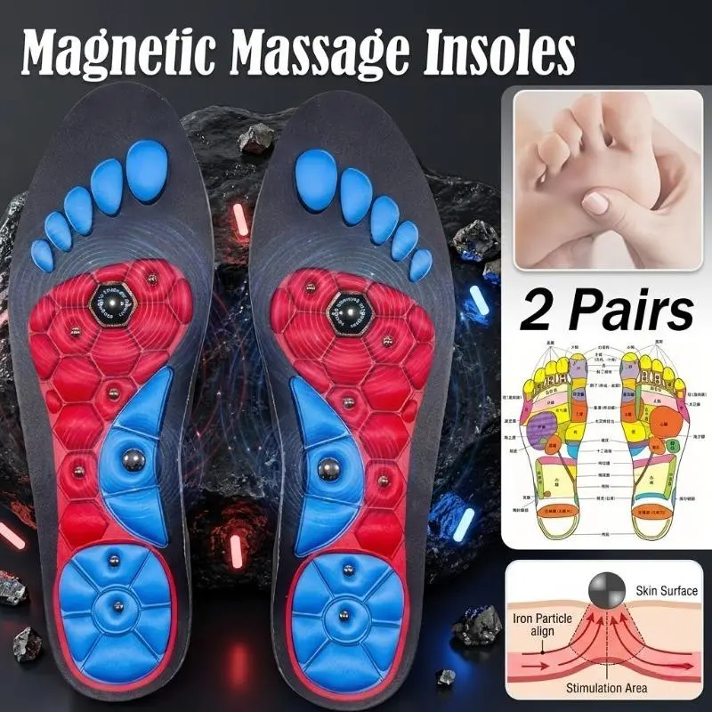 1 Pair of EVA Magnetic Therapy Massage Insoles (Featuring Magnetic Acupressure Points) — Shock-Absorbing, Breathable Athletic Insoles with Arch Support; Red & Blue Hexagonal Pattern — An Ideal Gift Suitable for Both Men and Women.