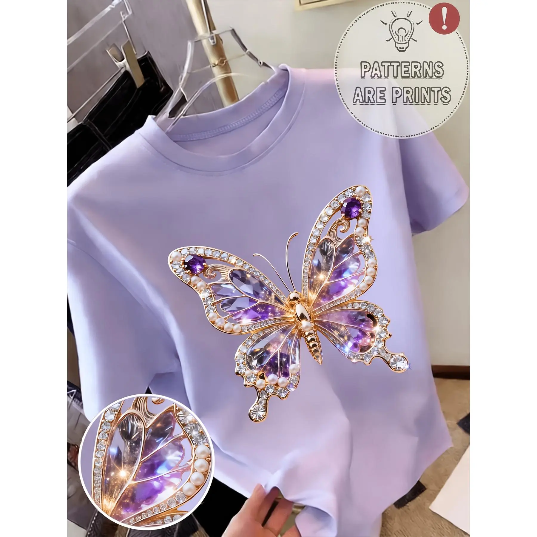 [Machine Washable] Women's Y2K Sparkling Purple Butterfly T-Shirt with Diamond & Pearl Embellishment - Breathable Crew Neck Blouse-Compatible Top for Spring Summer Wardrobe, Lightweight Casual Gift Suitable for Parties, Casual Attire, Machine Washable
