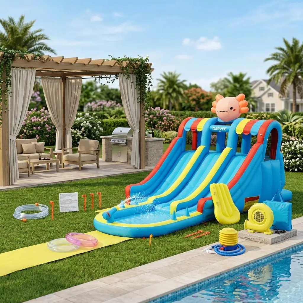 Inflatable Bouncy Castle Water Park for Kids – Large Pool, Dual Slides, Climbing Walls, Durable Oxford, Outdoor & Indoor Playhouse – Garden Playground