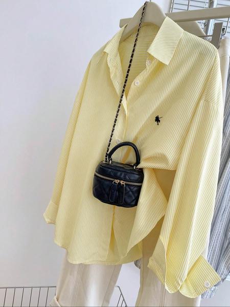 Women's Striped Embroidered Casual Shirt, Stylish Long Sleeve Button Front Top, Perfect for Daily Wear & Office, Clothes