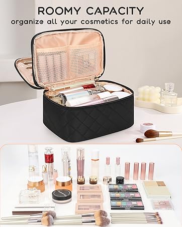 Travel Makeup Bag, Small Floral Cosmetic Bag with Makeup Brush Compartment, Portable Makeup Pouch for Women, Double Layer Cute Toiletry Organizer Bag, Purple Flower