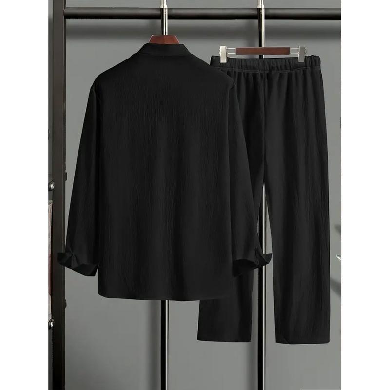 Plus Size Men's Casual Sport Suit Outdoor Leisure Button Closure Jacket & Pants Set for Spring Summer Adult Males Black Trouser Menswear Gamis - Clothes